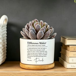 Op de afbeelding: Een witte keramische plantenpot met een houten voetstuk en een vetplant. De pot is bedrukt met zwarte tekst: Difference Maker [dif-er-uhns mey-ker] noun. A dedicated person who can make a big impact. See also: Pamela.