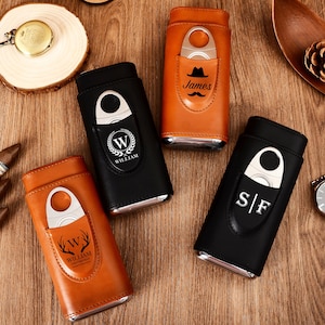 Personalised Engraved Leather Cigar Case, Leather Cigar Holder and Cutter, Travel Cigar Humidor, Groomsmen Gift, Gift for Him, Fathers Gift