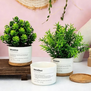 May include: Three white ceramic plant pots with green foliage, labelled "mama", "mum", and "mother". The pots sit on wooden saucers and a wooden tray. The "mother" pot has a list of definitions. The pots are for indoor use.