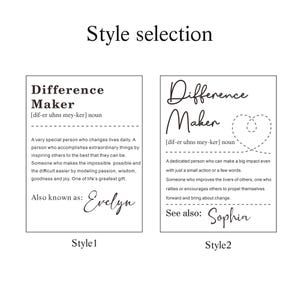 Pode incluir: Duas impress&otilde;es emolduradas com o texto "Difference Maker" e defini&ccedil;&otilde;es. O primeiro estilo inclui o nome "Evelyn", e o segundo estilo inclui o nome "Sophia". A frase "Style selection" est&aacute; no topo.