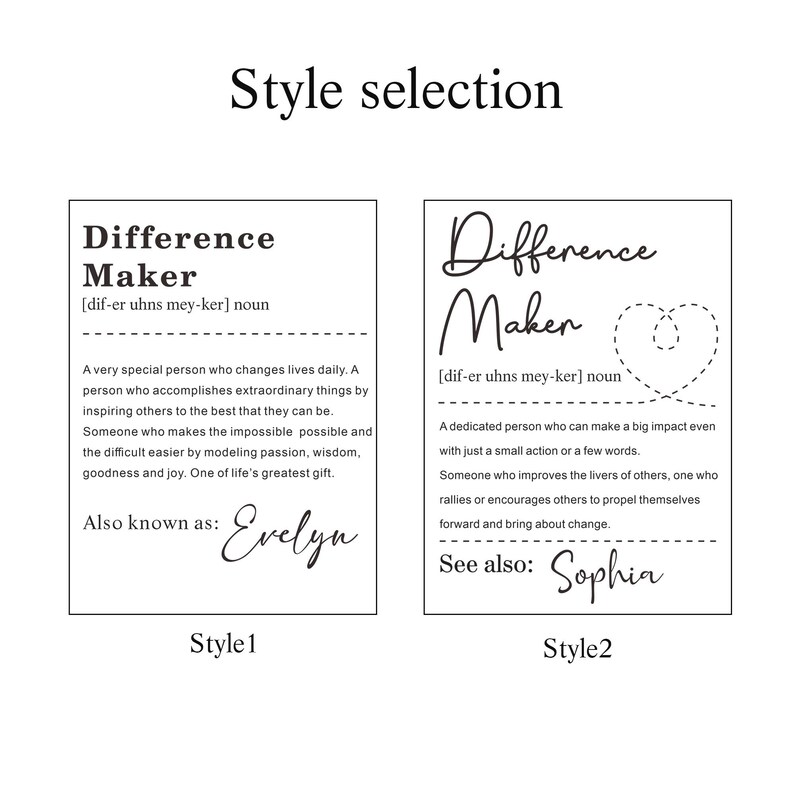 Pode incluir: Duas impress&otilde;es emolduradas com o texto "Difference Maker" e defini&ccedil;&otilde;es. O primeiro estilo inclui o nome "Evelyn", e o segundo estilo inclui o nome "Sophia". A frase "Style selection" est&aacute; no topo.