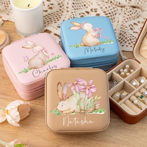 Personalisierte Reise Schmuckschatulle, benutzerdefinierte niedlichen Kaninchen Schmuckschatulle für kleine Mädchen, Leder Schmuckschatulle, Hochzeitsgeschenk für sie, Geburtstagsgeschenk