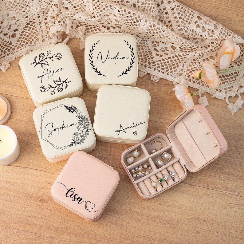 Personalized Jewelry Box - Custom Name & Birth Flower, Travel Case, Bridesmaid Gift, Wedding