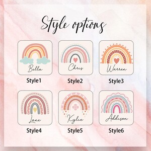 May include: Six different styles of rainbow designs with names below each. The designs feature different colors, patterns, and details, including hearts, clouds, and flowers. The names are Bella, Chris, Warren, Lane, Kylie, and Addison.