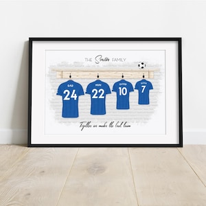 Custom Football Shirt Family Print, Personalised Wall Art in Blue and White, personalised Glasgow football shirt art