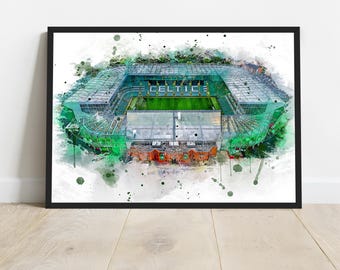 May include: A watercolor painting of Celtic Park, a football stadium in Glasgow, Scotland. The stadium is painted in shades of green and white, with the word "CELTIC" visible on the roof.