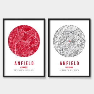 Anfield-poster voetbalstadionkaart – minimalistische voetbalmuurkunst – cadeau voor vader, broer, oom