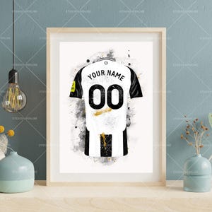 Black and white personalised football shirts print with family names, ideal for Father’s Day or birthday gift