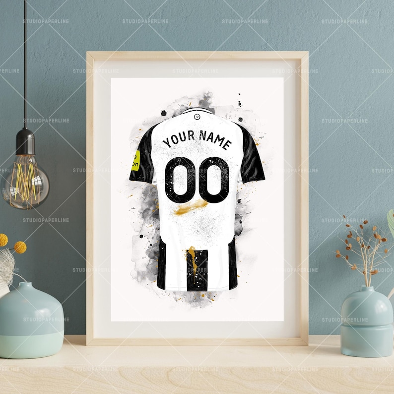 Black and white personalised football shirts print with family names, ideal for Father’s Day or birthday gift