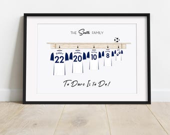 Personalised Tottenham football shirt family print, custom team wall art for fans