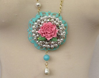 Boho Turquoise and Rose Necklace