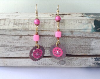 Pink and Copper Steampunk Earrings