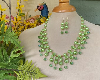 Spring green glass bead bib necklace and earring set