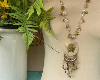 Beautiful mother of pearl ,stars and moon boho assemblage necklace