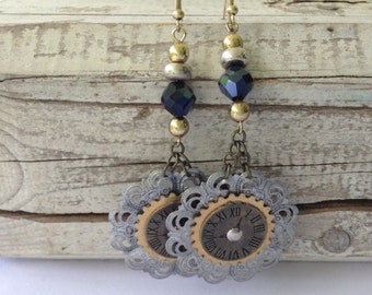 Mixed Metal Clock Steampunk Earrings