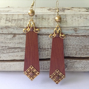 Large Wood Veneer and Brass Earrings image 1