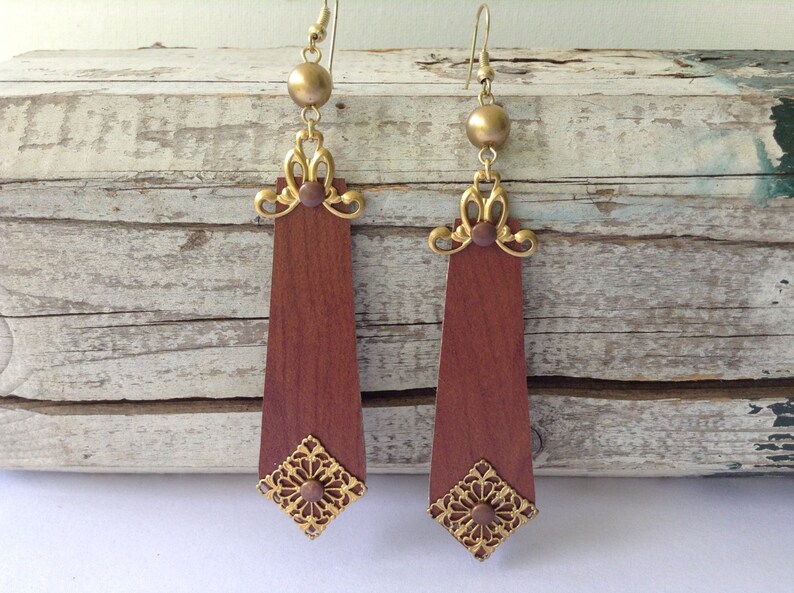 Large Wood Veneer and Brass Earrings image 1