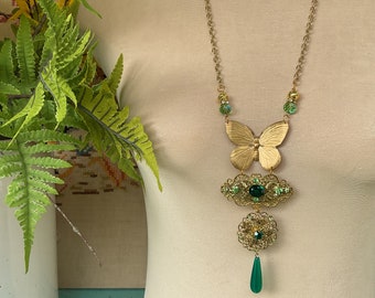 Gorgeous emerald green and butterfly boho necklace