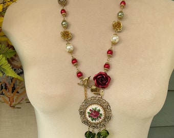 Petit point rose brooch necklace