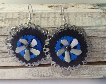 Large Blue and Silver Steampunk Earrings