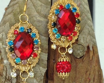 Red and turquoise crystal earrings