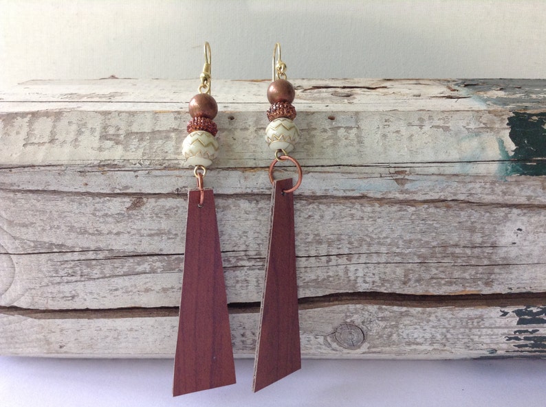 Large Wood Veneer and Brass Earrings image 3