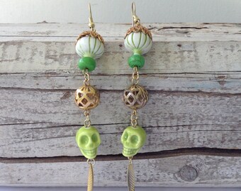 Large Lime Green Skull Gothic Earrings