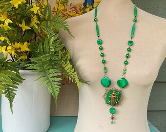 Gorgeous green bead and beetle necklace