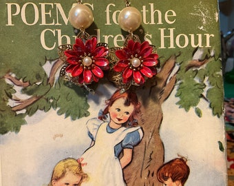 Vintage red floral and pearl earrings.