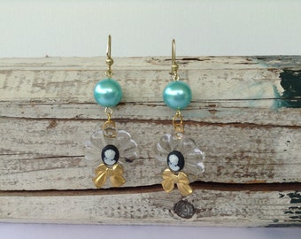 Turquoise Cameo Glass Drop Earrings