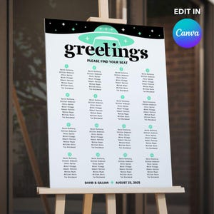 May include: A wedding seating chart with a black and white background and a green alien spaceship. The chart is titled "greetings" and has the text "Please find your seat". The chart lists the names of guests and their assigned tables. The bottom of the chart has the text "David & Gillian" and "August 23, 2025".