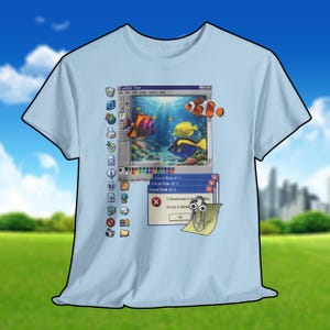 Camiseta Frutiger Aero, camiseta gráfica con iconos de Windows XP, camiseta Webcore Y2K, nostalgia de principios de los 2000, estética ciberpunk retro, ropa urbana informática.