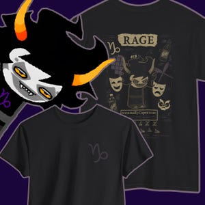 Könnte beinhalten: Drei schwarze T-Shirts mit grafischen Designs. Eines zeigt ein Steinbock-Symbol, ein anderes eine Charakterillustration mit dem Wort "RAGE" und das dritte ein Steinbock-Symbol.