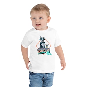 Blirt &quot;RES-Q&quot; Toddler Rescue Mixed Breed Dog Music Tee - Toddler DJ Dog T-Shirt, Retro Music Mixer Shirt for Kids, Funky Dog Lover Gift