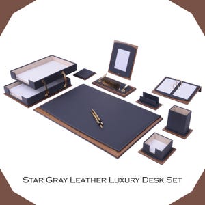 Luxury Leather Desk Organizer Set: Handmade Wood & Gold Office Decor