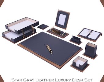 Luxury Leather Desk Organizer Set: Handmade Wood & Gold Office Decor