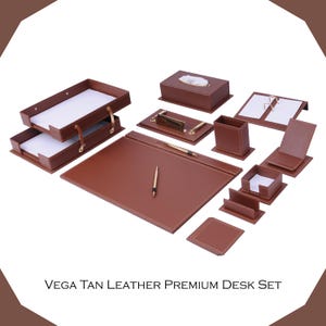 Handmade Leather Desk Organizer Set: Gold & Wood Accents, Executive Office Gift