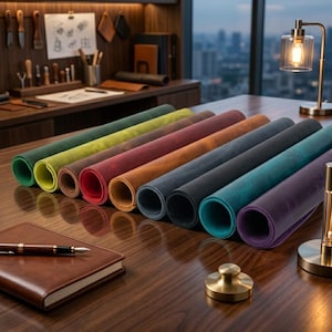 Puede incluir: Una colección de nueve tapetes de escritorio de cuero enrollados en varios colores, incluyendo verde, amarillo, marrón, rojo, naranja, gris, negro, azul verdoso y morado, dispuestos sobre un escritorio de madera oscura junto a un cuaderno de cuero y una pluma.