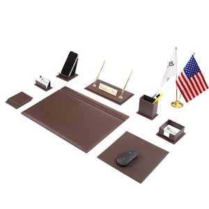 Luxury Leather Desk Organizer Set: Custom Nameplate, Double Flagpole