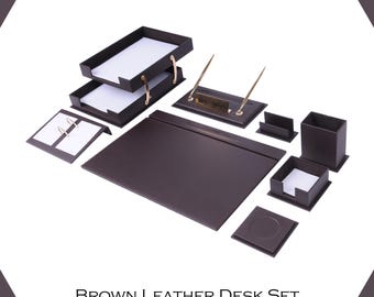 Handmade Leather Desk Organizer Set: 10-Piece Office Accessories