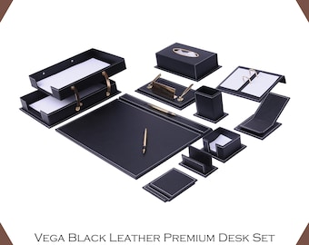Handmade Leather Desk Organizer Set: Gold & Wood Accents, Executive Office