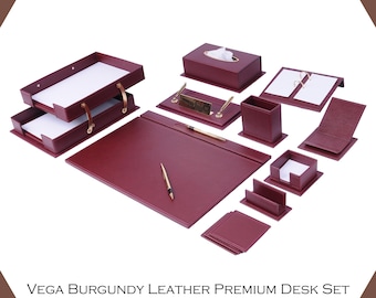 Handmade Leather Desk Organizer Set: Gold & Wood Accents, Executive Office