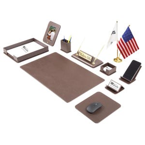 Luxury Leather Desk Organizer Set with Custom Nameplate & Double Flagpole