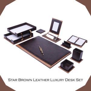 Luxury Leather Desk Organizer Set: Handmade Wood & Gold Office Decor
