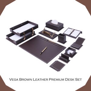 Handmade Leather Desk Organizer Set: Gold & Wood Accents, Executive Office Gift