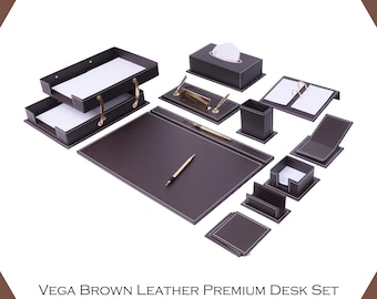 Set organizer da scrivania in pelle fatto a mano: dettagli in oro e legno, regalo ideale per dirigenti e professionisti.