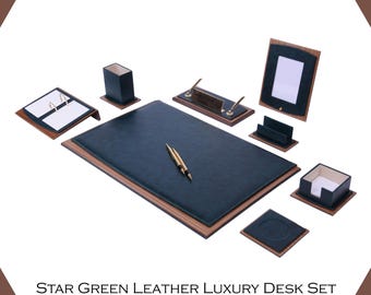 Handmade Leather Desk Organizer Set: Wood & Gold Accents, Eco-Friendly