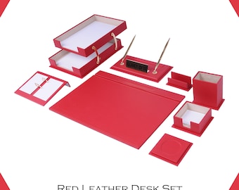 Handmade Leather Desk Organizer Set: 10-Piece Office Accessories