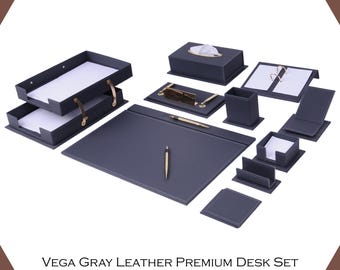 Handmade Leather Desk Organizer Set: Gold & Wood Accents, Executive Office