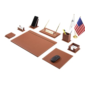 Luxury Leather Desk Organizer Set: Custom Nameplate, Double Flagpole